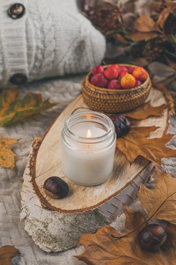 candlelight, apples, nature, autumn, autumn colours, beautiful wallpaper, autumn decoration, background, leaves, autumn leaves