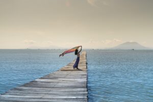 women, jetty, sea, nature, shawl, pier, sky, ocean, outdoors