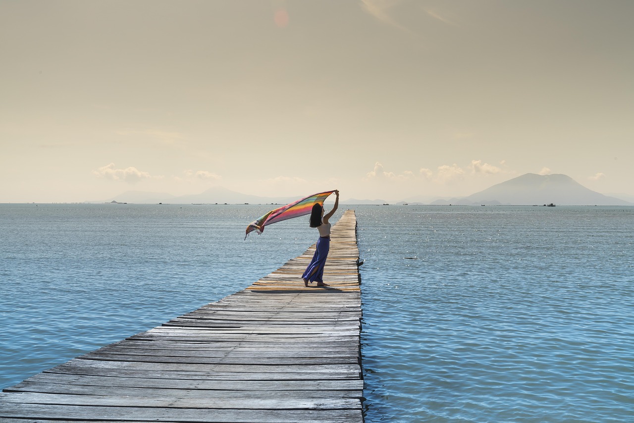 women, jetty, sea, nature, shawl, pier, sky, ocean, outdoors