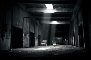 A haunting black and white photo of an abandoned warehouse with a solitary chair illuminated by sunlight through a window.